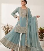 Sea green embroidered ethnic sharara suit set for wedding & festive wear