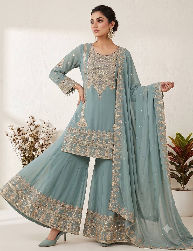 Sea green embroidered ethnic sharara suit set for wedding & festive wear