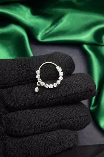 silver nose hoop ring with moissanite dangle indian bridal nath septum clicker jewelry