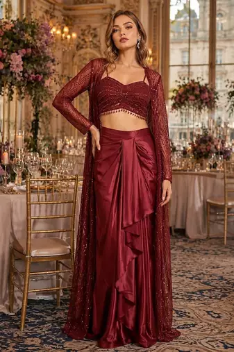 Maroon net readymade 3 piece set with embroidery & sequence work