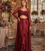 Maroon net readymade 3 piece set with embroidery & sequence work