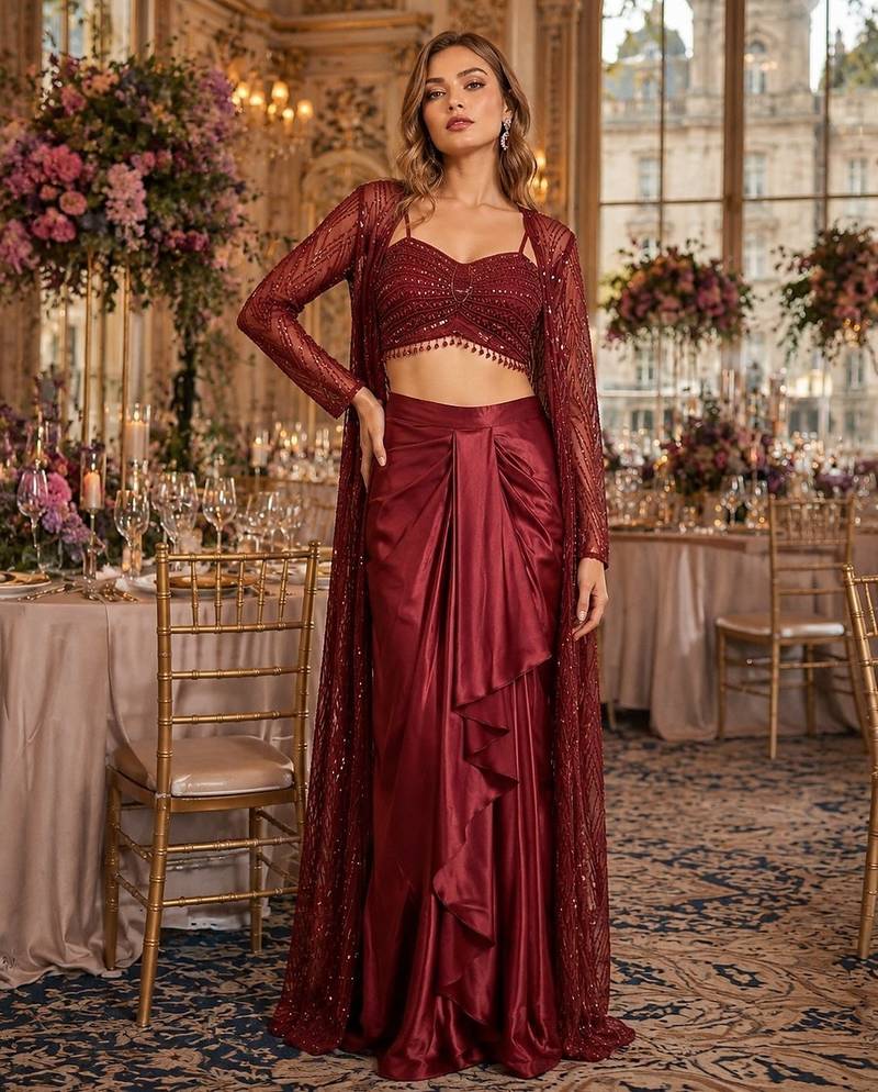 Maroon net readymade 3 piece set with embroidery & sequence work