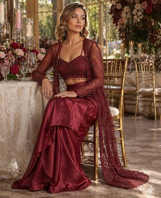 Maroon net readymade 3 piece set with embroidery & sequence work 2