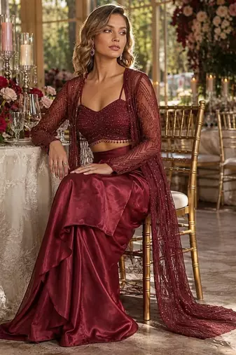 Maroon net readymade 3 piece set with embroidery & sequence work