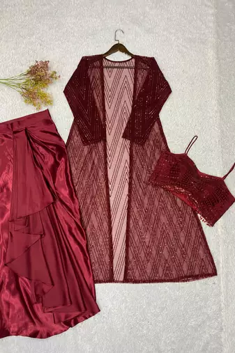 Maroon net readymade 3 piece set with embroidery & sequence work
