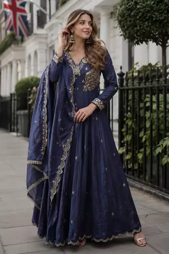 Navy vichitra readymade anarkali suit with beads sequence & embroidery work