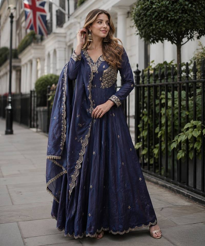 Navy vichitra readymade anarkali suit with beads sequence & embroidery work