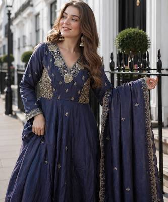 Navy vichitra readymade anarkali suit with beads sequence & embroidery work 2
