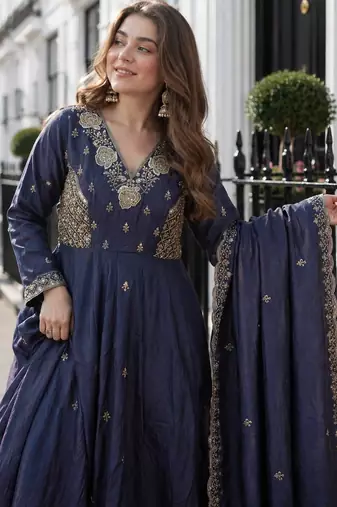 Navy vichitra readymade anarkali suit with beads sequence & embroidery work