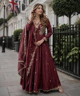 Brown vichitra readymade anarkali suit with beads sequence & embroidery work 1