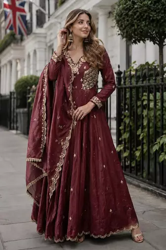 Brown vichitra readymade anarkali suit with beads sequence & embroidery work