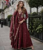 Brown vichitra readymade anarkali suit with beads sequence & embroidery work