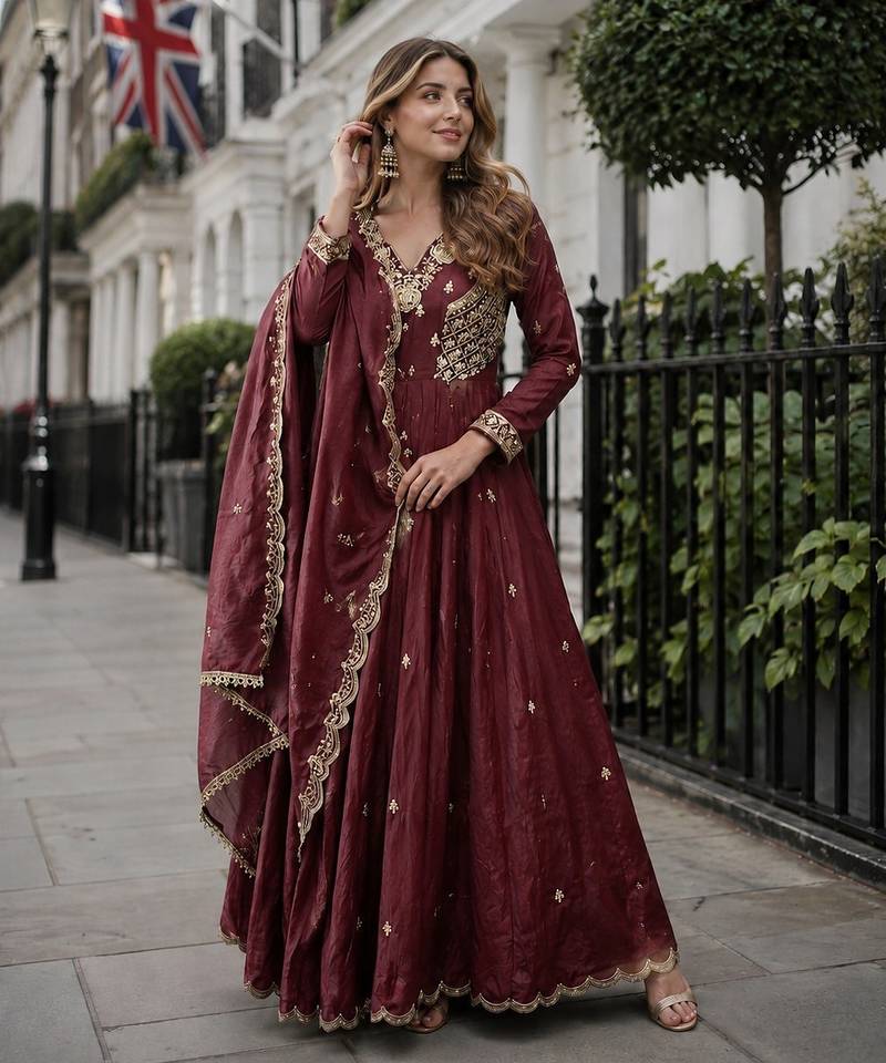 Brown vichitra readymade anarkali suit with beads sequence & embroidery work