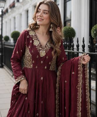 Brown vichitra readymade anarkali suit with beads sequence & embroidery work 2