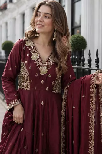 Brown vichitra readymade anarkali suit with beads sequence & embroidery work