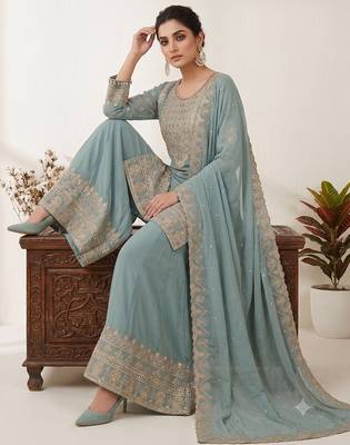 Sea green embroidered ethnic sharara suit set for wedding & festive wear 2
