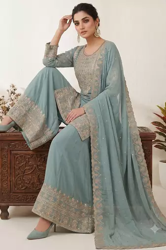 Sea green embroidered ethnic sharara suit set for wedding & festive wear