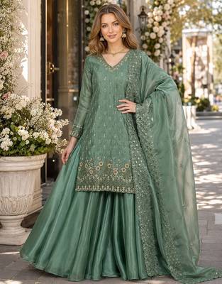 Sea green silk blend readymade suit with embroidery & sequence work 1