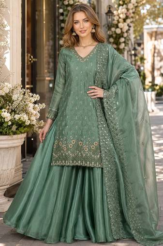 Sea green silk blend readymade suit with embroidery & sequence work