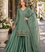 Sea green silk blend readymade suit with embroidery & sequence work