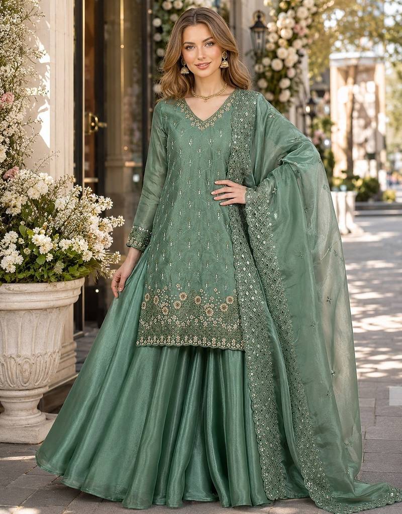 Sea green silk blend readymade suit with embroidery & sequence work