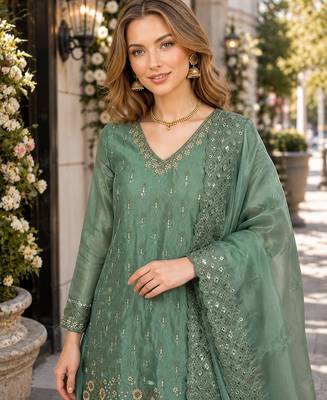 Sea green silk blend readymade suit with embroidery & sequence work 2