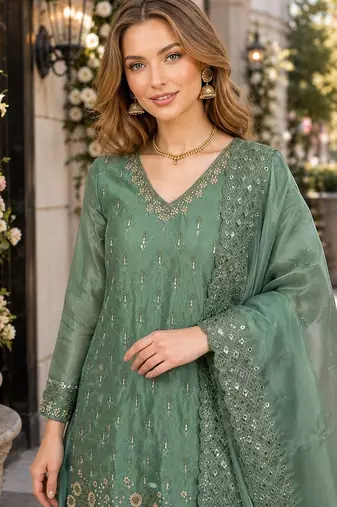 Sea green silk blend readymade suit with embroidery & sequence work