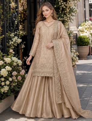 Cream silk blend readymade suit with embroidery & sequence work 1