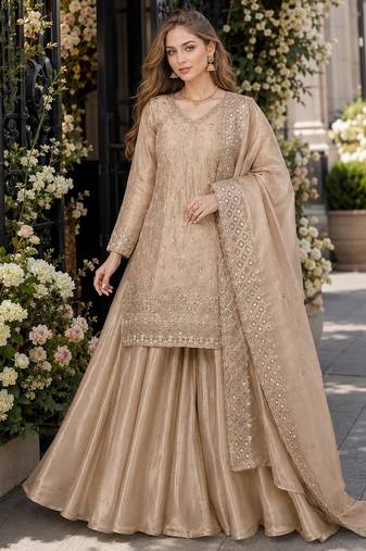 Cream silk blend readymade suit with embroidery & Sequin work