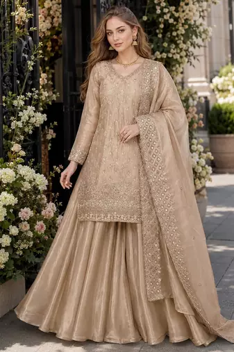 Cream silk blend readymade suit with embroidery & sequence work