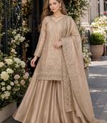 Cream silk blend readymade suit with embroidery & sequence work