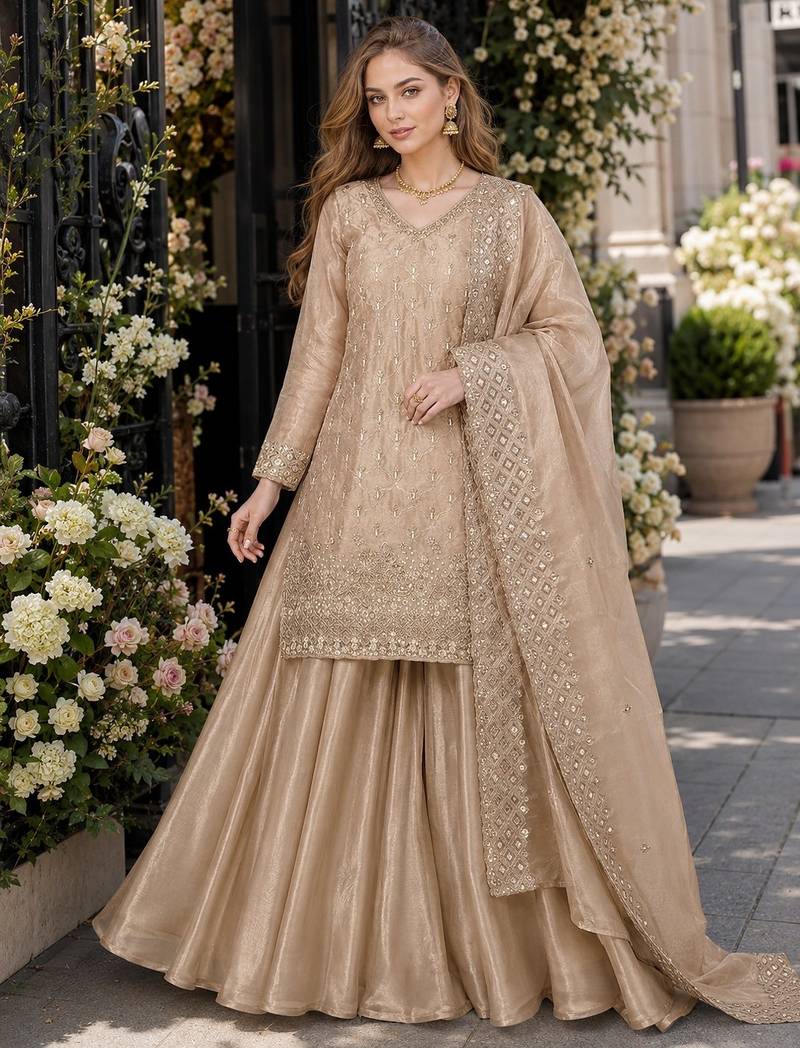 Cream silk blend readymade suit with embroidery & sequence work