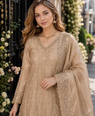 Cream silk blend readymade suit with embroidery & sequence work 2