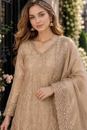 Cream silk blend readymade suit with embroidery & sequence work