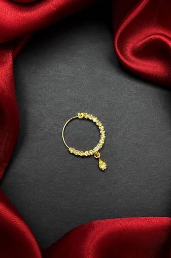 gold tone cz nath nose pin  indian bridal hoop ring with teardrop charm