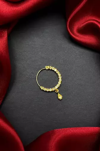 gold tone cz nath nose pin  indian bridal hoop ring with teardrop charm