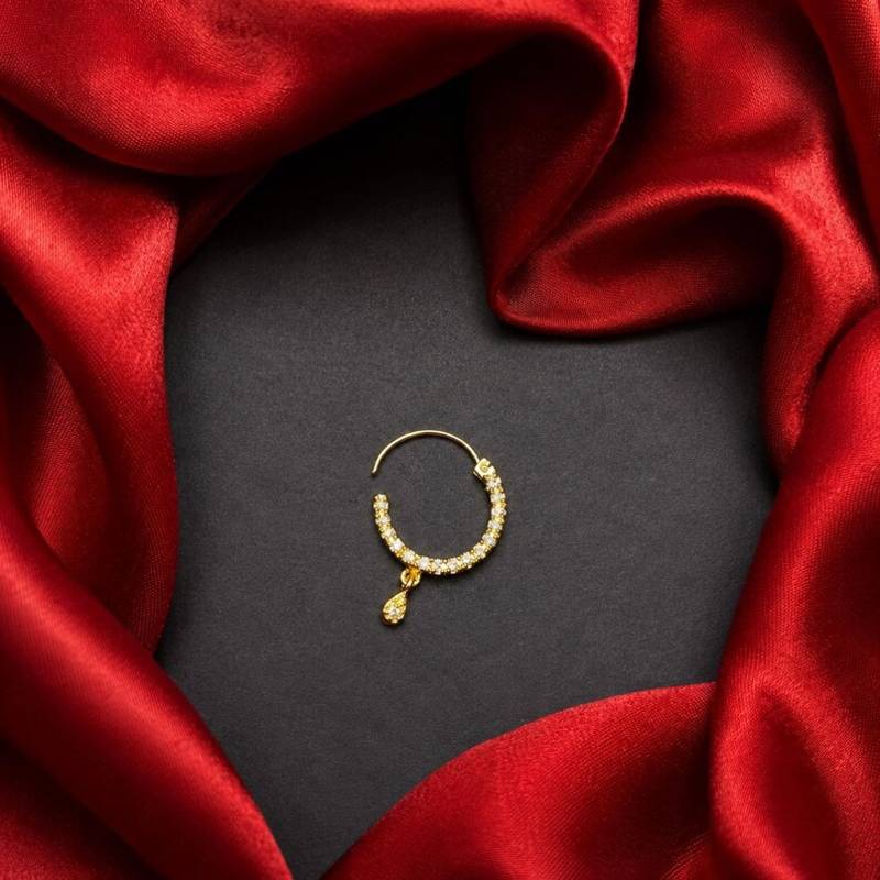 gold tone cz nath nose pin  indian bridal hoop ring with teardrop charm