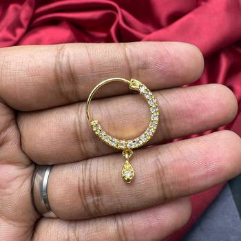gold tone cz nath nose pin  indian bridal hoop ring with teardrop charm 3