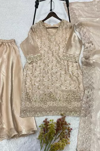 Cream silk blend readymade suit with embroidery & sequence work