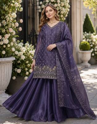Purple silk blend readymade suit with embroidery & sequence work 1