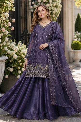 Purple silk blend readymade suit with embroidery & sequence work