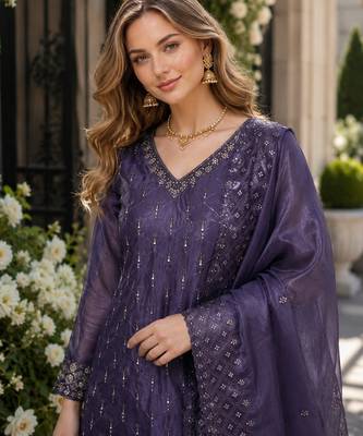 Purple silk blend readymade suit with embroidery & sequence work 2