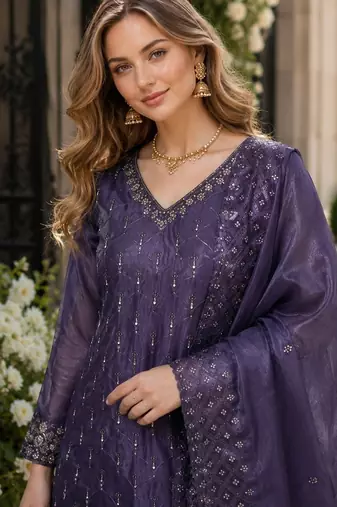 Purple silk blend readymade suit with embroidery & sequence work