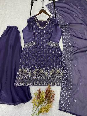 Purple silk blend readymade suit with embroidery & sequence work 3