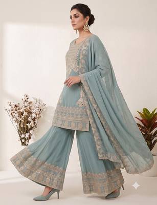 Sea green embroidered ethnic sharara suit set for wedding & festive wear 3