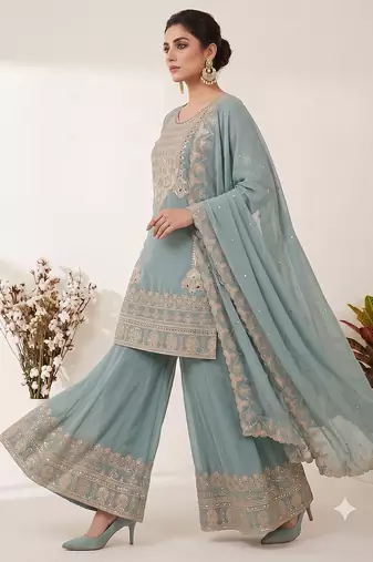 Sea green embroidered ethnic sharara suit set for wedding & festive wear