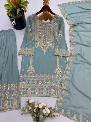 Sea green embroidered ethnic sharara suit set for wedding & festive wear 4