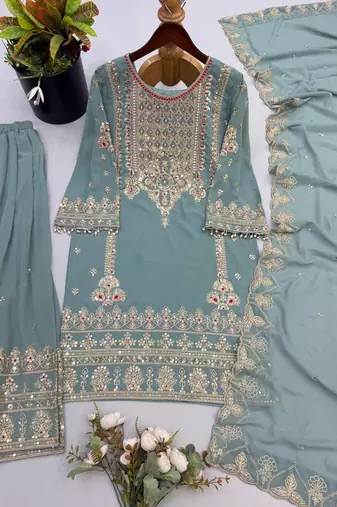 Sea green embroidered ethnic sharara suit set for wedding & festive wear