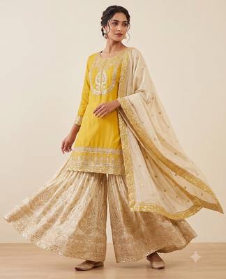 Festive wear mustard yellow straight kurti with sequence work sharara & dupatta 3-piece set 1
