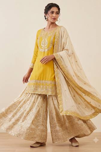 Festive wear mustard yellow straight kurti with sequence work sharara & dupatta 3-piece set